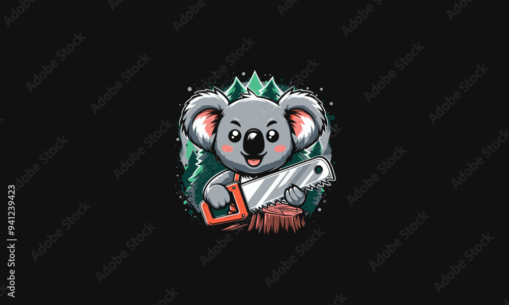 Fototapeta premium koala holding saw on forest vector illustration artwork design