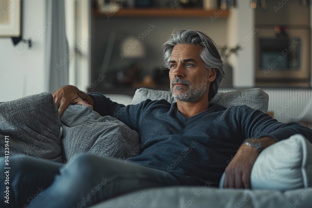 Portrait of mature man with grey hair sitting on sofa at home Portrait of mature man with grey hair sitting on sofa at home