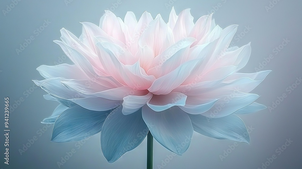 A pink and white flower on a blue-gray background with a blurry, central light source A pink and white flower on a blue-gray background with a blurry, central light source
