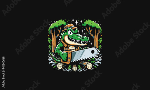 crocodile holding saw on forest vector illustration artwork design