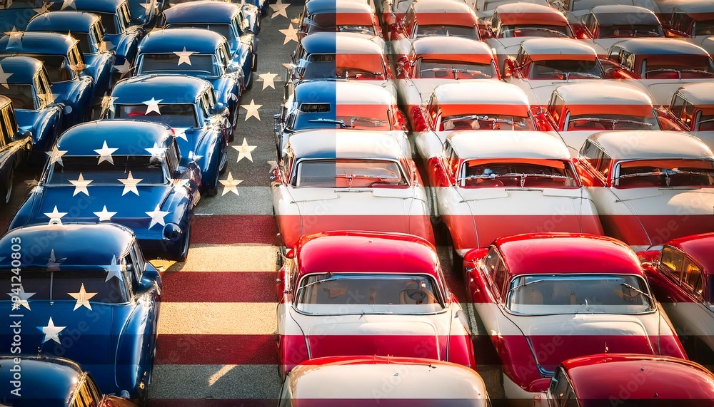 Fototapeta premium Patriotic Parking Lot: A Sea of American Cars: An aerial view of a vast parking lot filled with vintage American cars arranged in a pattern resembling the American flag. 2