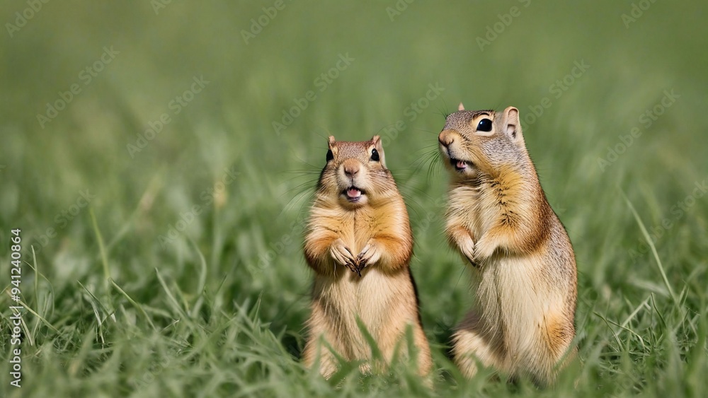 two squirrels are sitting in the grass and one is eating. two squirrels are sitting in the grass and one is eating.