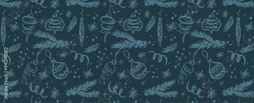 New Year, snow pattern with fir trees and Christmas tree toys. Vector winter holiday background. For cards, banners, wrapping paper.