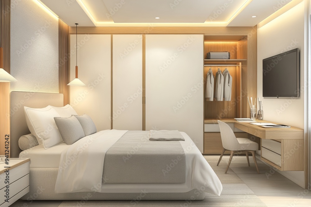 Fototapeta premium With a bed and workspace, a wooden wardrobe, and an elegant hotel interior