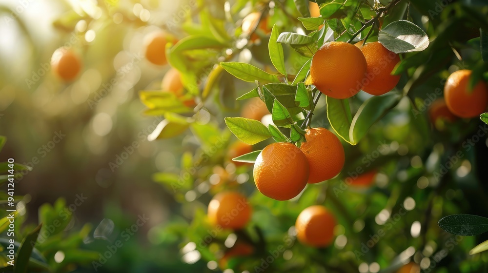 Fresh citrus branches with organic ripe fresh oranges tangerines growing on branches with green leaves in sunny garden Fresh citrus branches with organic ripe fresh oranges tangerines growing on branches with green leaves in sunny garden