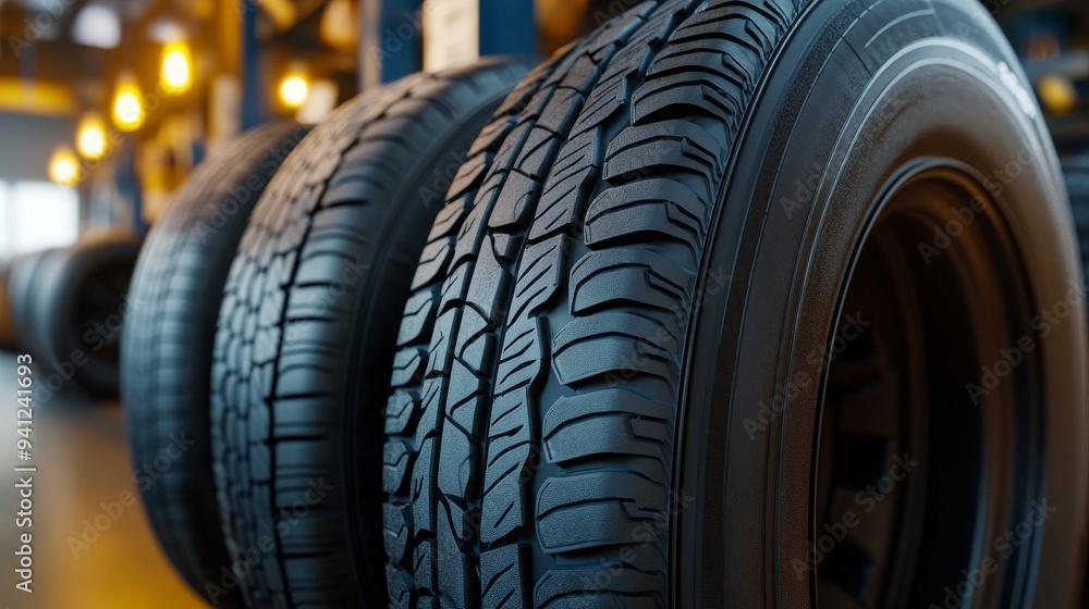 Luminous tire shop with car tires. Concept of automotive industry and commerce. Stock image. Luminous tire shop with car tires. Concept of automotive industry and commerce. Stock image.