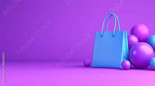 Blue shopping bag with colorful balls on a purple background. Minimalist composition for online store and marketing materials.