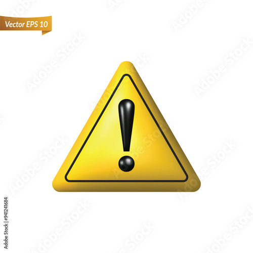 3d glossy yellow flat alert sign, attention mark, caution icon. Danger, warning, clean emergency hazard notification symbol. Alert notice, warning reminder and attention vector
