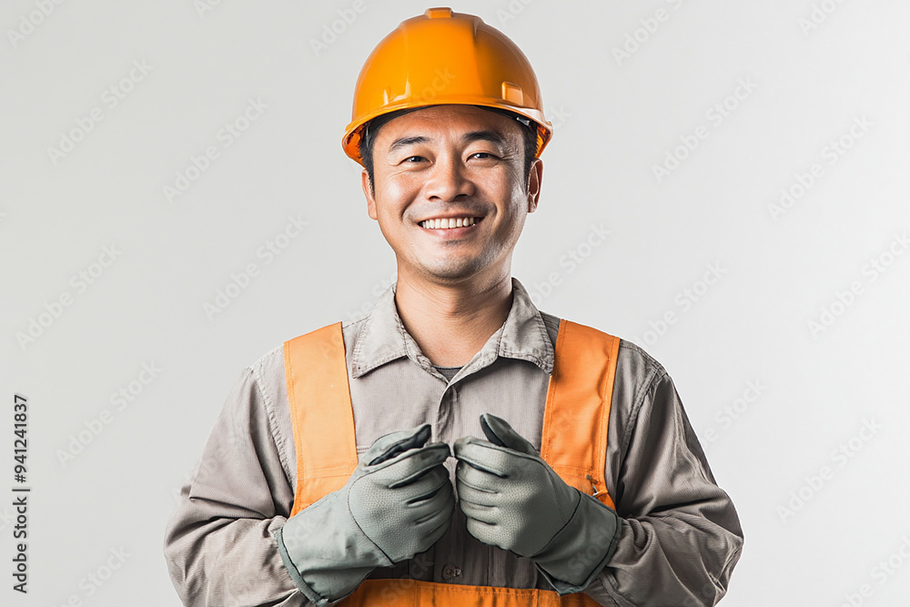 Worker wearing hard hat smiling positively Worker wearing hard hat smiling positively