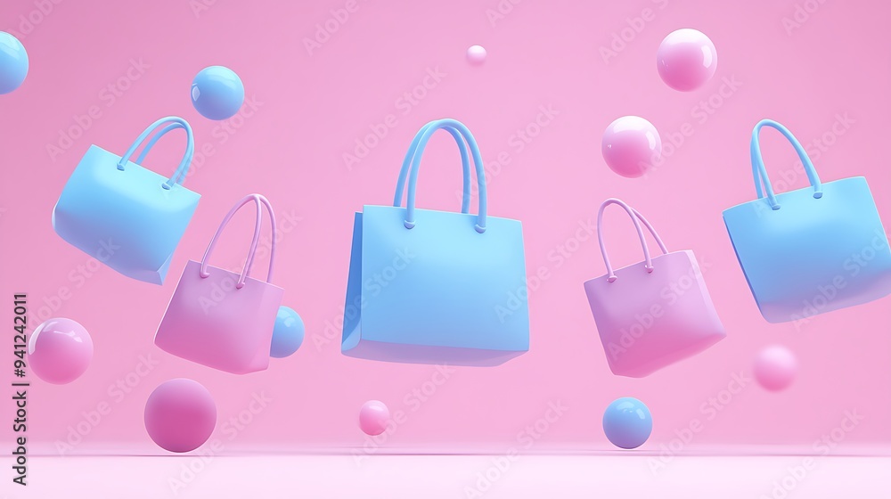 Bright pastel shopping bags and spheres floating against pink background, creating a surreal and playful retail and fashion concept. Bright pastel shopping bags and spheres floating against pink background, creating a surreal and playful retail and fashion concept.
