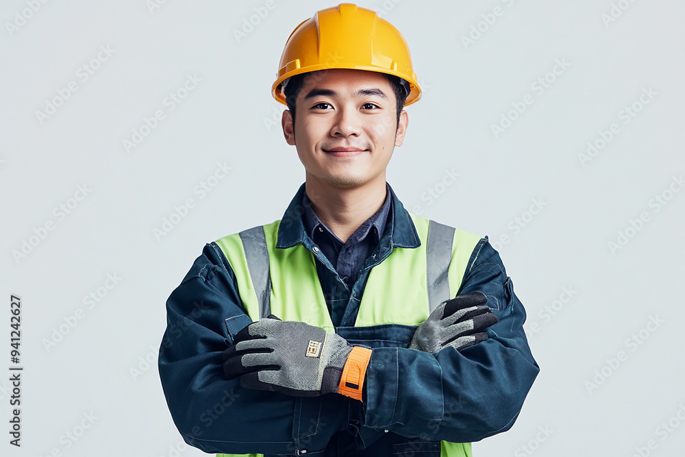 Worker wearing hard hat smiling positively Worker wearing hard hat smiling positively