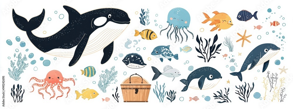 Naklejka premium On a white background, cute and funny marine animals, fish, dolphins, sharks, shrimps, algae, shells. Illustration of underwater life.