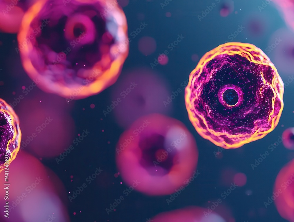 Microscopic view of bioengineered cells interacting with digital elements, biotech evolution Microscopic view of bioengineered cells interacting with digital elements, biotech evolution