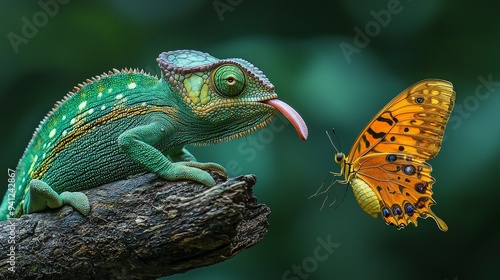 Close-up of a bright green chameleon preying on a motley butterfl photo