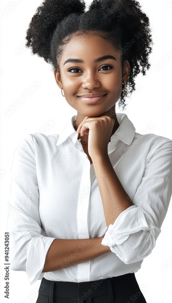 The image shows a black businesswoman with a happy and dreamy look, finger on temple. Isolated over a white background, she is making up plans and coming up with new ideas. The image shows a black businesswoman with a happy and dreamy look, finger on temple. Isolated over a white background, she is making up plans and coming up with new ideas.