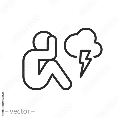 negative icon, stress, man depressed, human holding his head with his hand, feeling sad, thin line web symbol on white background - editable stroke vector illustration