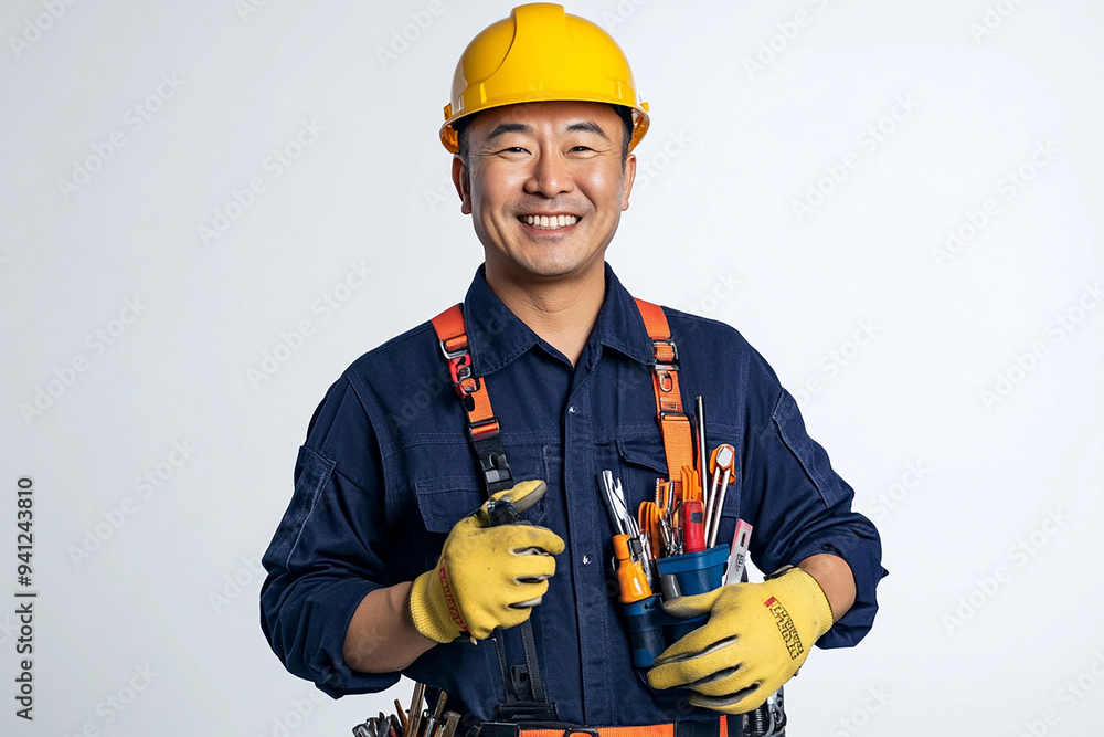 Worker wearing hard hat smiling positively Worker wearing hard hat smiling positively