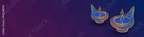 Vibrant Dipavali panoramic banner or header with hand drawn golden linear Diya (oil lamps) on a purple gradient background with empty space for greeting text for Diwali Festival of Lights 