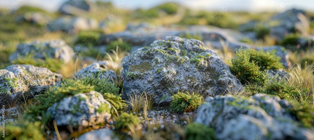 Fototapeta premium Rocky Meadow Landscape Sunrise Over a Field Filled with Moss-Covered Stones and Lush Green Foliage