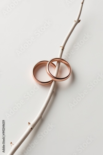 Pink gold rings with a slender branch in a white composition