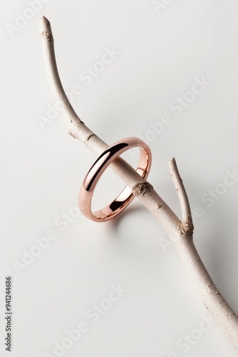 Pink gold rings with a slender branch in a white composition