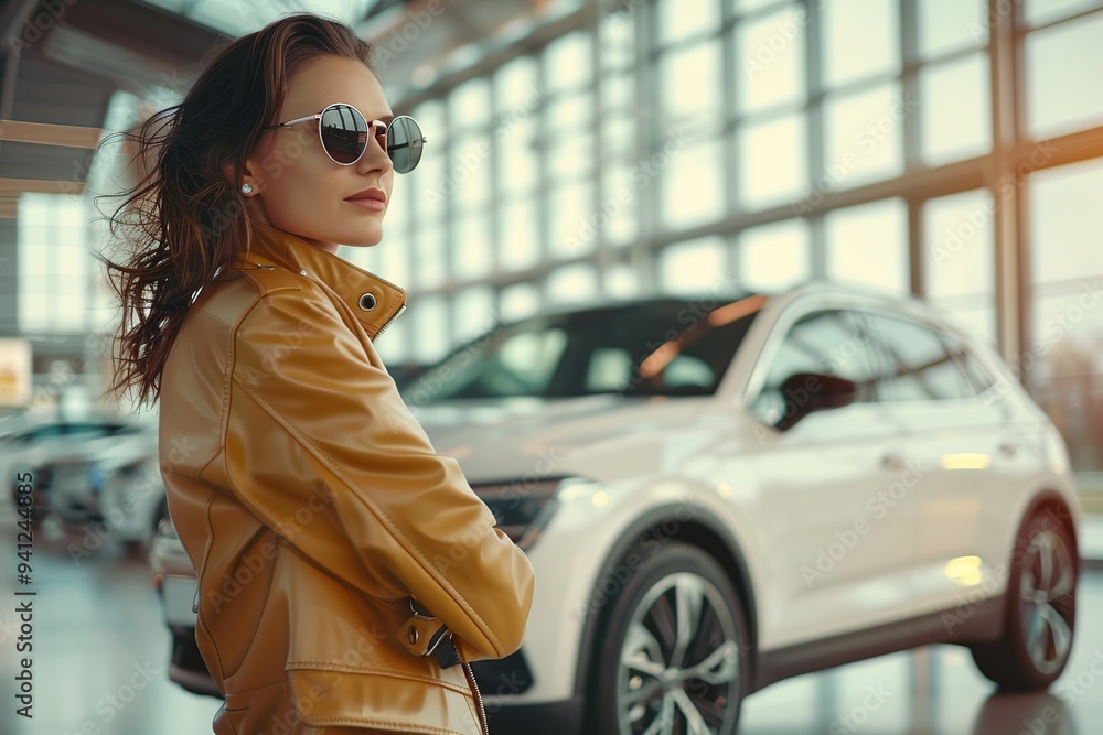 Fototapeta premium Female client customer choosing a new car in car showroom