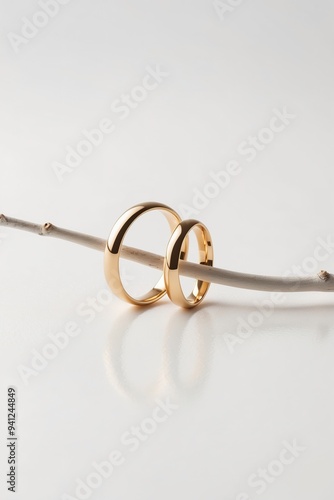 Golden rings with a slender branch in a white composition