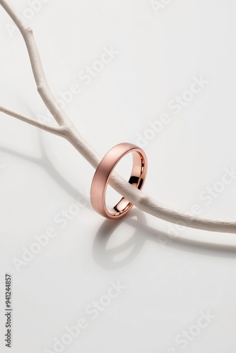 Pink gold rings with a slender branch in a white composition