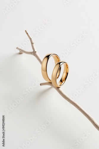 Golden rings with a slender branch in a white composition