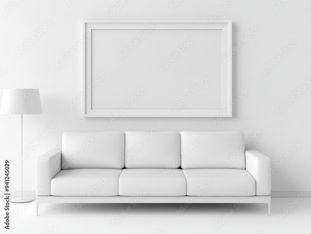 Modern interior with white sofas, posters, and pendant lights, Stock. Modern interior with white sofas, posters, and pendant lights, Stock.