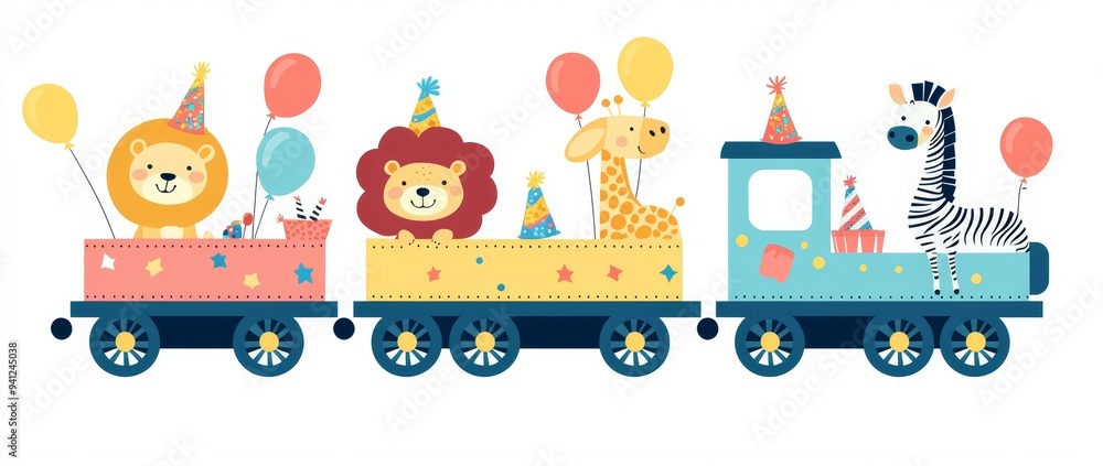 Fototapeta premium Illustration of a train with animals and balloons in a modern setting