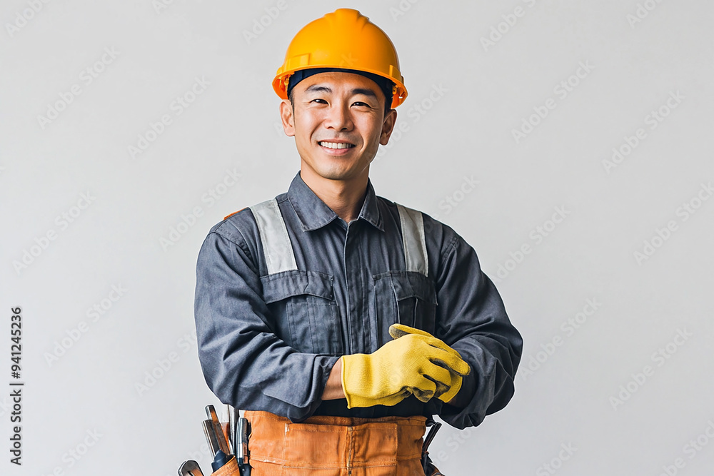 Worker wearing hard hat smiling positively Worker wearing hard hat smiling positively