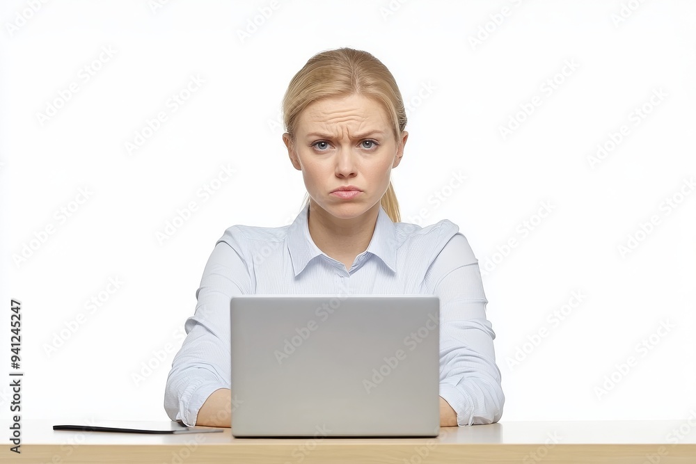 In a business suit, facing a white background, the image depicts a female professional working on a laptop In a business suit, facing a white background, the image depicts a female professional working on a laptop