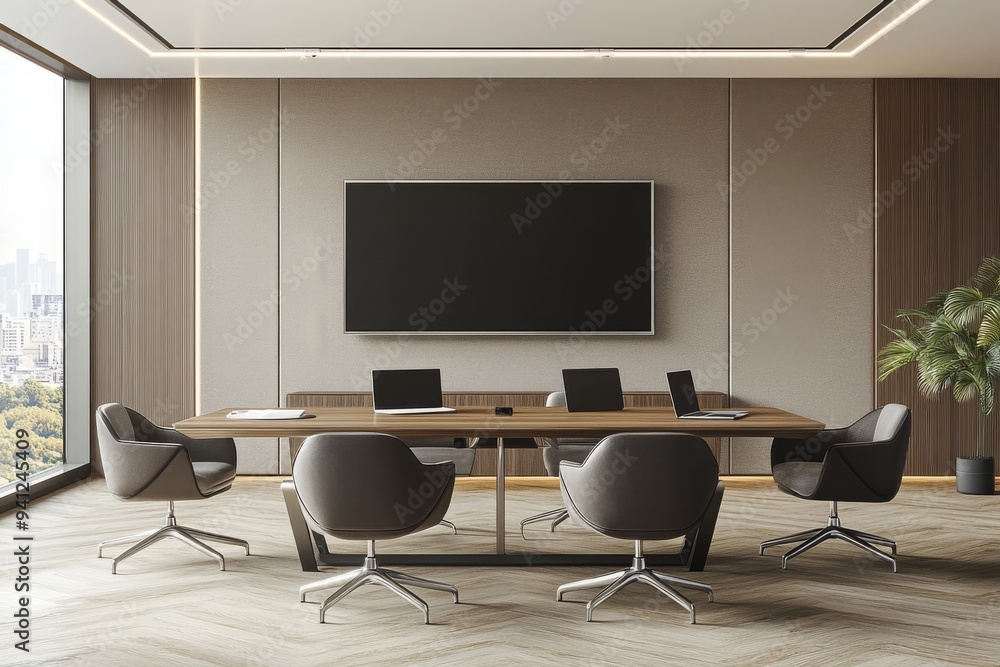 Dining room corner with white chairs, long table, and TV in front of white wall Dining room corner with white chairs, long table, and TV in front of white wall