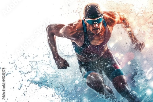 A person wearing a wetsuit and goggles swims through the ocean, capturing a moment of athletic activity