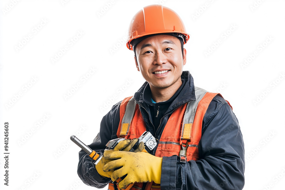 Worker wearing hard hat smiling positively Worker wearing hard hat smiling positively