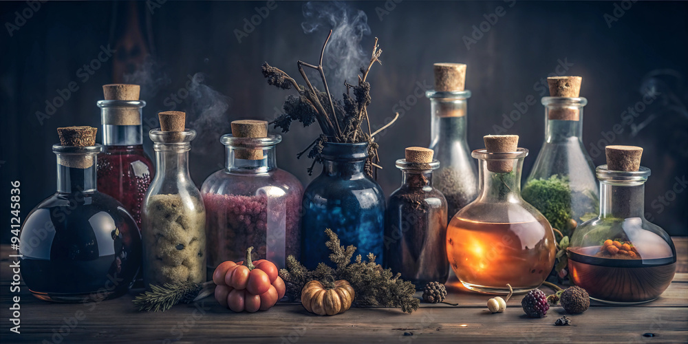 Potions Definations Mystical potion bottles with magical ingredients in dark, enchanted ...