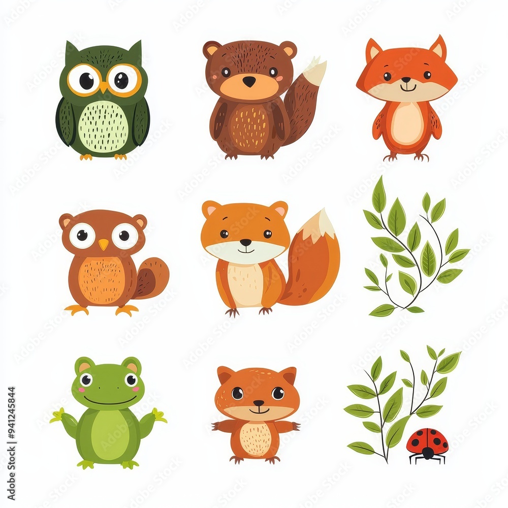 Cartoon woodland animals set. Cartoon illustration. Isolated squirrel, owl, bunny rabbit, frog, chipmunk, fox, bear, ladybug. Cartoon woodland animals set. Cartoon illustration. Isolated squirrel, owl, bunny rabbit, frog, chipmunk, fox, bear, ladybug.