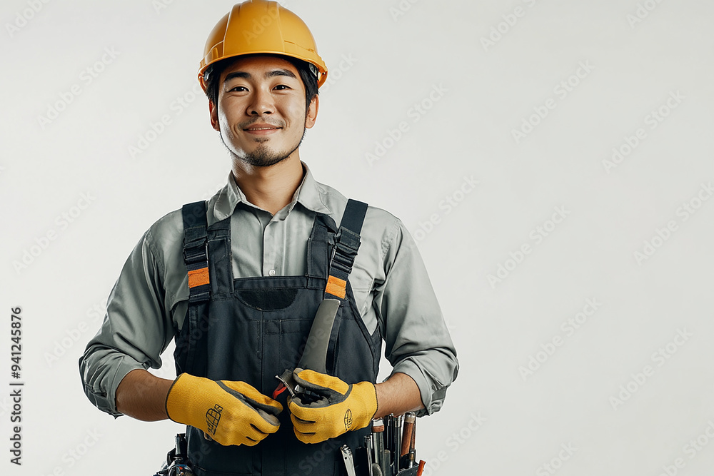 Worker wearing hard hat smiling positively Worker wearing hard hat smiling positively