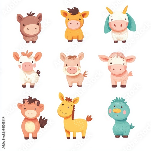 Collection of cute farm baby animals, including a cow, a horse, a chicken, a bunny rabbit, a sheep, a pig, a goat, and a chick.