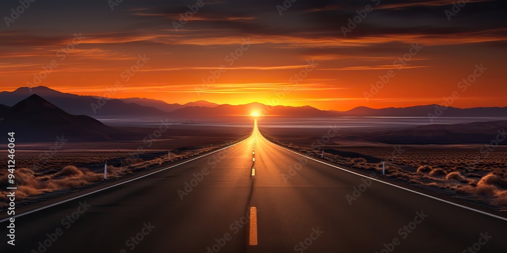Fototapeta premium Desert highway at sunset road path. Adventure trip journey scene view