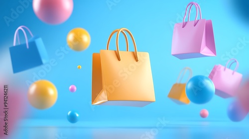 Colorful shopping bags and spheres floating in blue background, symbolizing vibrant and dynamic retail and shopping experience.