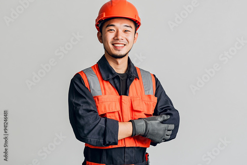 Worker wearing hard hat smiling positively