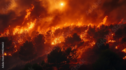 Intense wildfire consuming a dense forest.