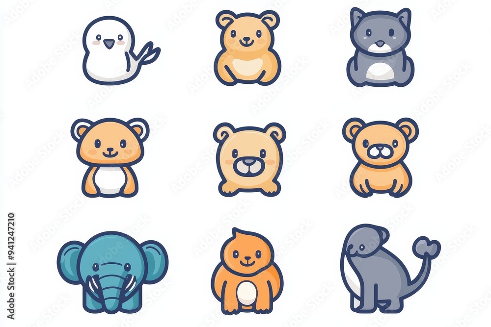 A concept of animals with 14 colorful outline icons. Two icons with blue strokes. A concept of animals with 14 colorful outline icons. Two icons with blue strokes.