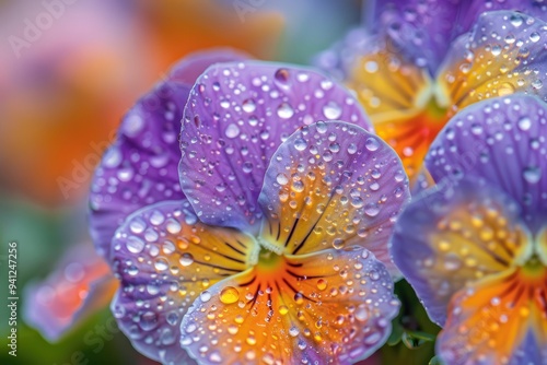 Close-up of a Colorful Pansy Flower Covered in Dew Drops