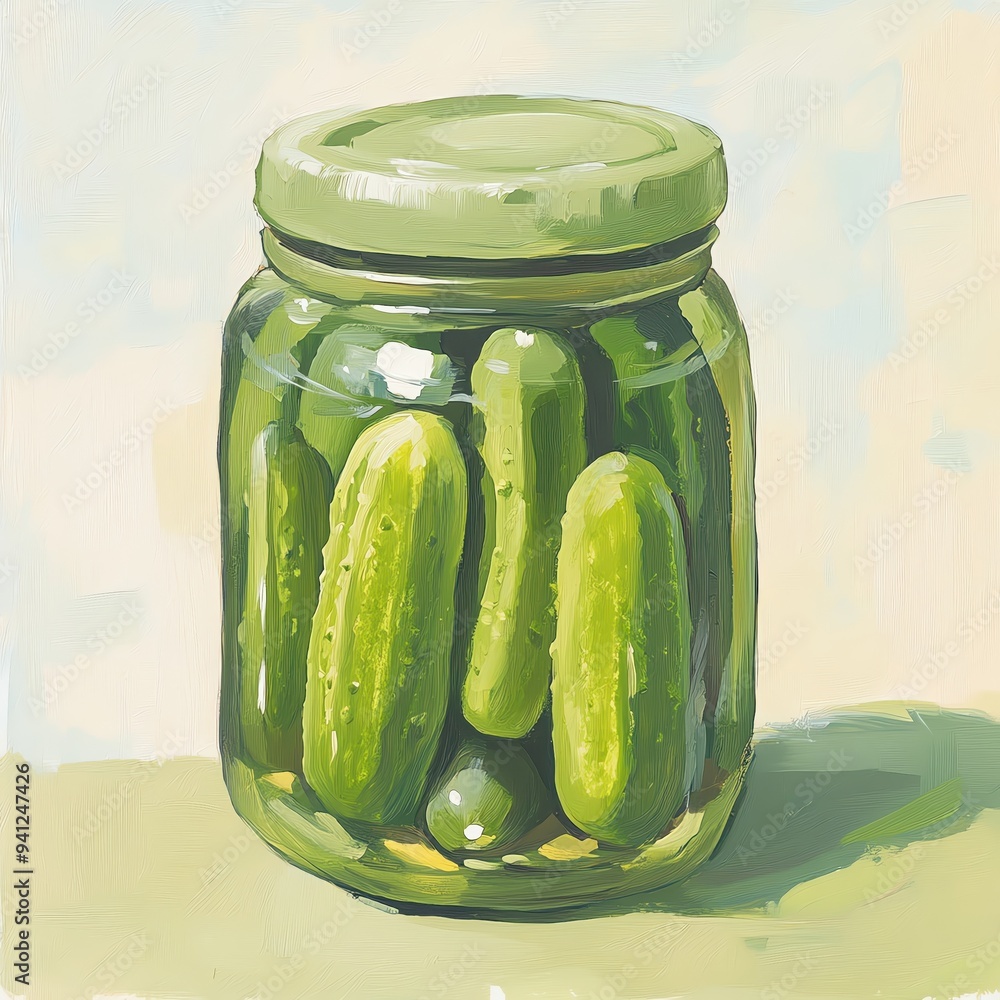 A vibrant jar filled with fresh green cucumbers, showcasing a delicious pickling process and perfect for culinary visuals. A vibrant jar filled with fresh green cucumbers, showcasing a delicious pickling process and perfect for culinary visuals.