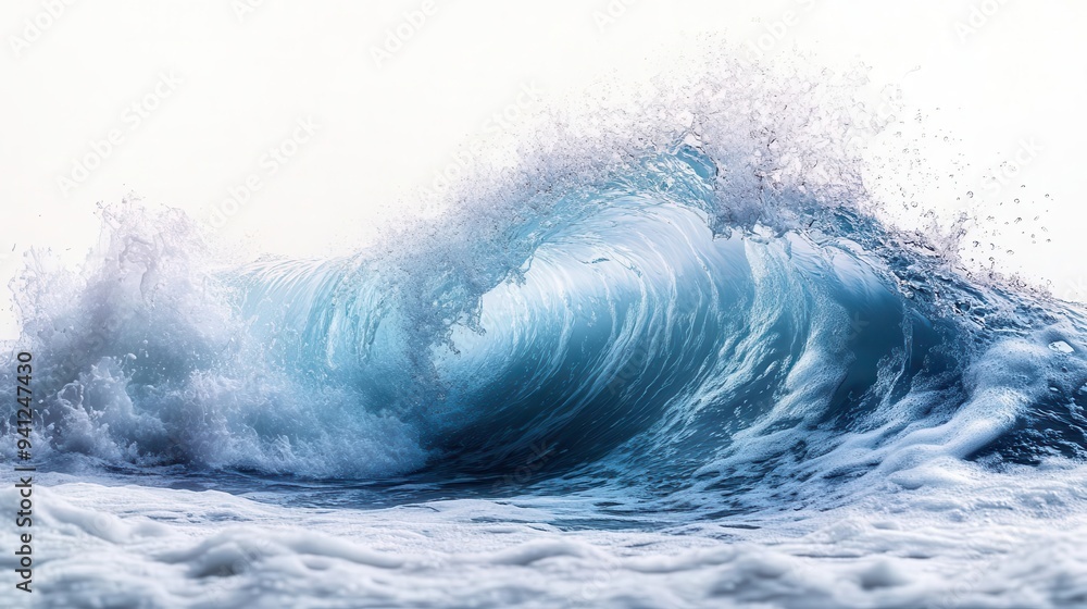 Fototapeta premium powerful ocean wave curling with translucent aqua tones white foam crest suspended water droplets catching light isolated on pristine white background