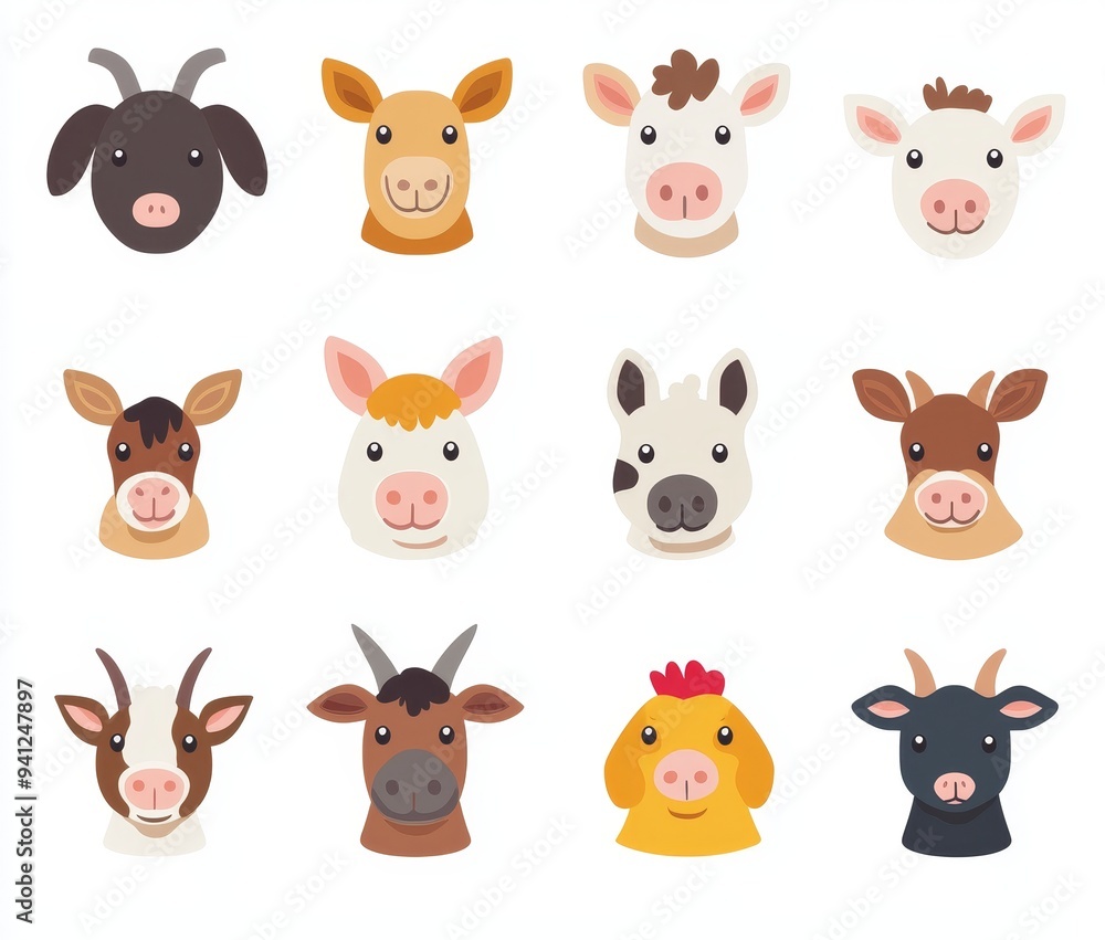 Fototapeta premium Animal faces collection on white. Illustration of farm animals.