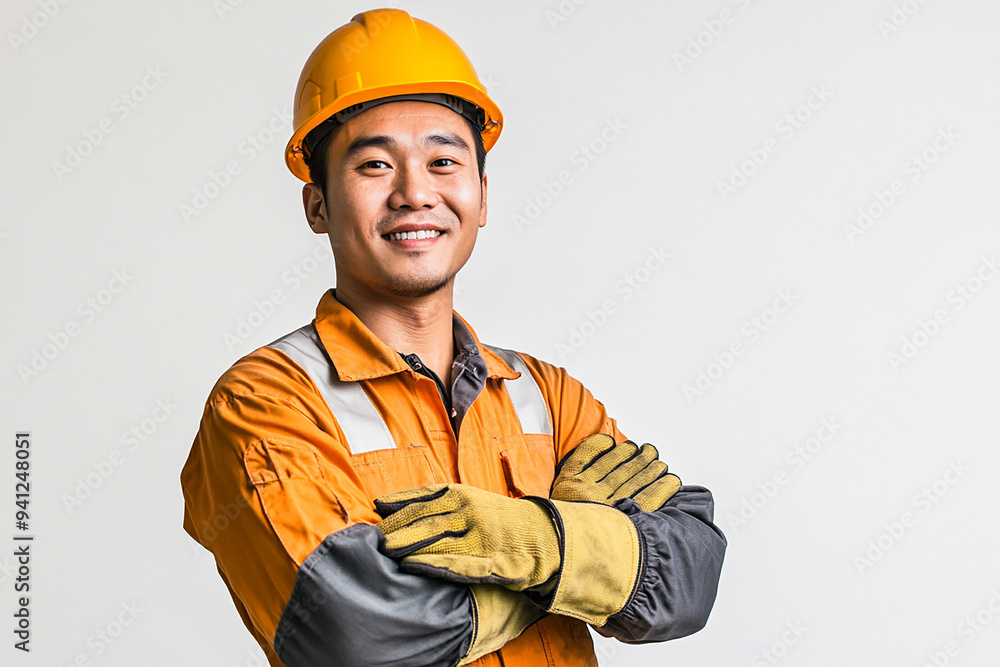 Worker wearing hard hat smiling positively Worker wearing hard hat smiling positively